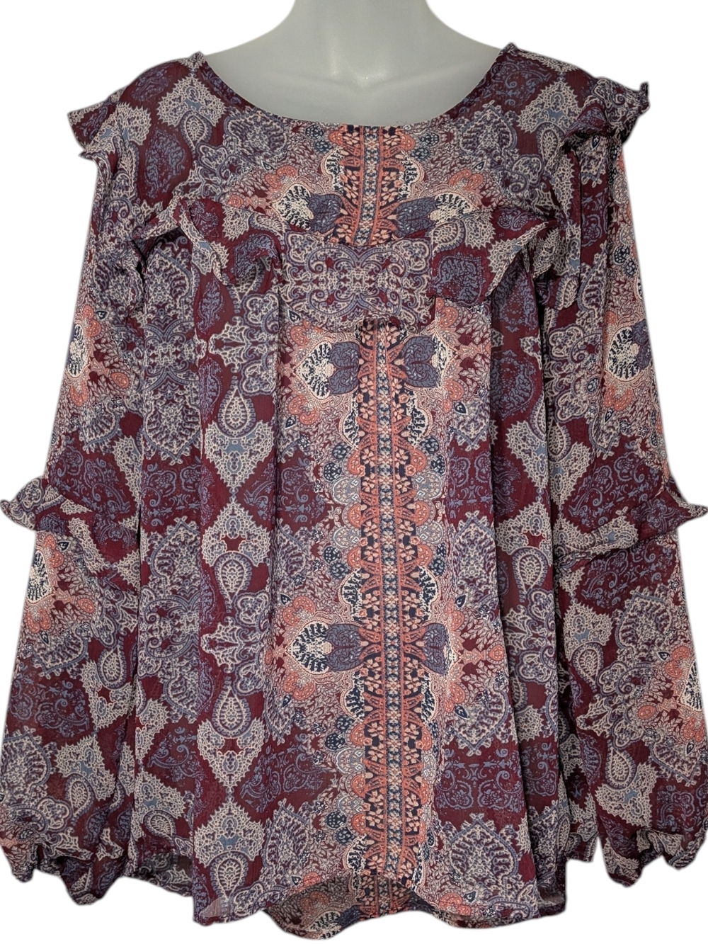 XL Oversized Ruffled Flowy Chiffon Peasant Elastic Sleeve Blouse Festival